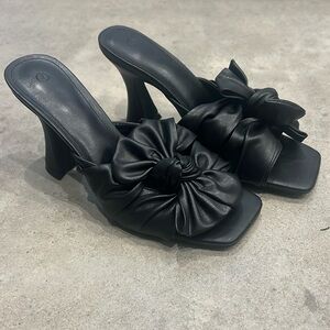 Faux Leather Bowknot Square Toe Mule Heels Black Size 7